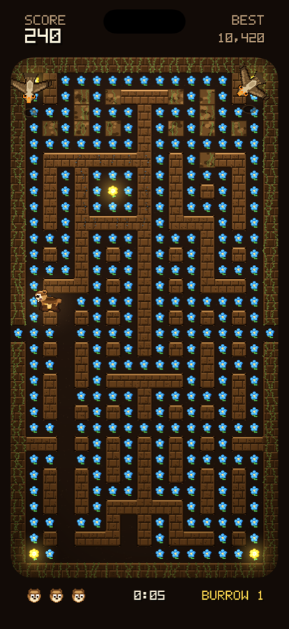 A generated burrow full of blue flowers, hawks circling overhead